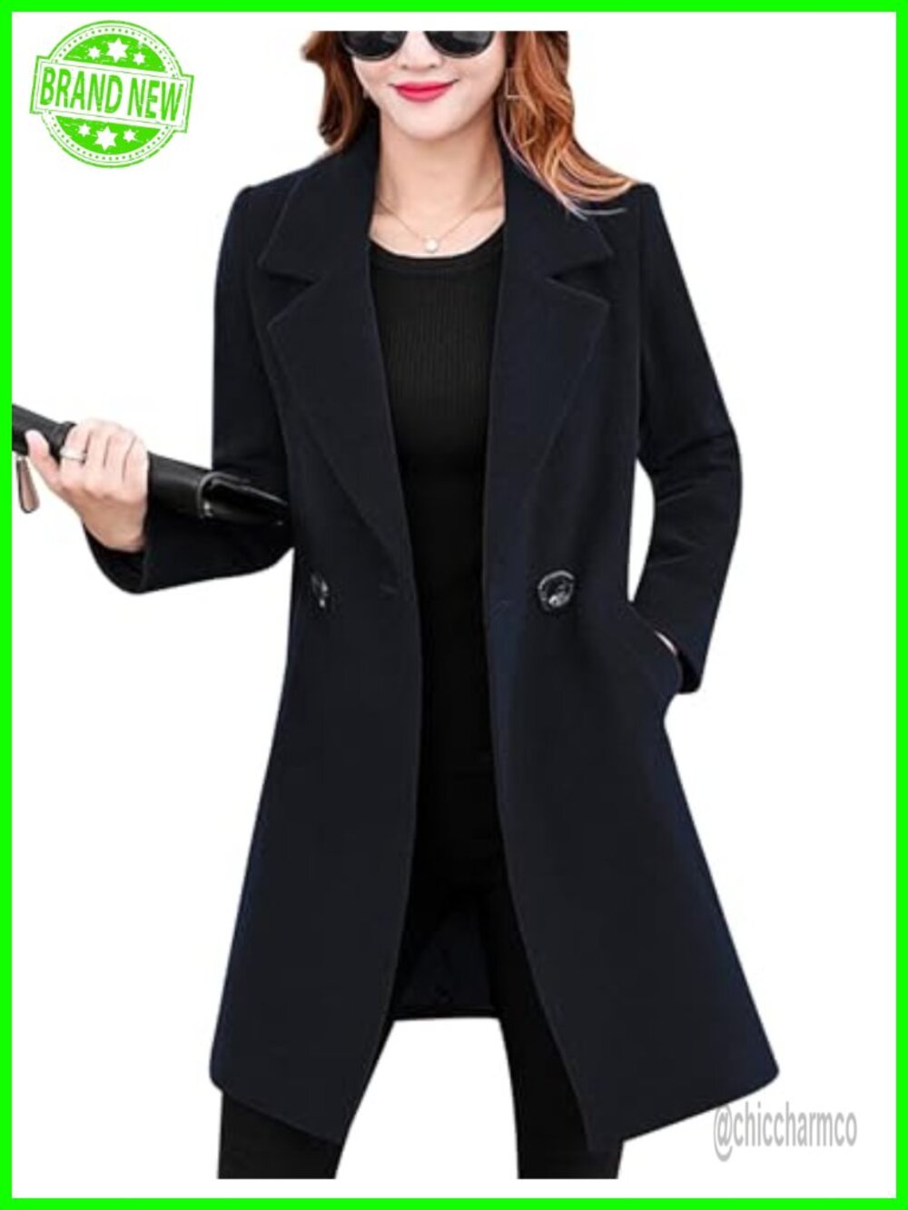 Women's Wool Trench Peacoat Notched Lapel Double Breasted Long Sleeve